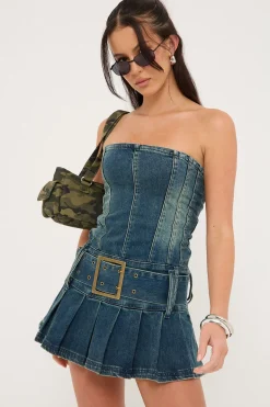 Divinity Strapless Washed Denim Dress Mid Blue Denim