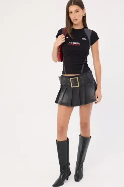 Divinity Washed Denim Pleated Skirt Washed Black