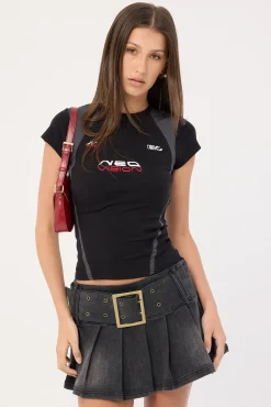 Divinity Washed Denim Pleated Skirt Washed Black