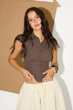 Drew Fitted Short Sleeve Shirt Brown Check