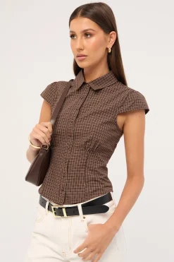 Drew Fitted Short Sleeve Shirt Brown Check