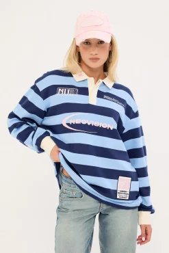 Dropkick Long Sleeve Rugby Polo Blue Stripe