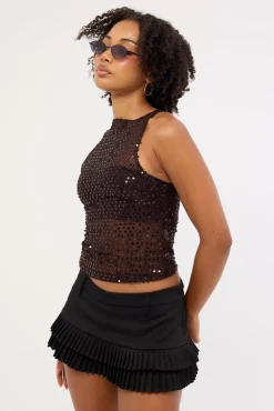 Dudley Vest Top Sequin Knit Coffee