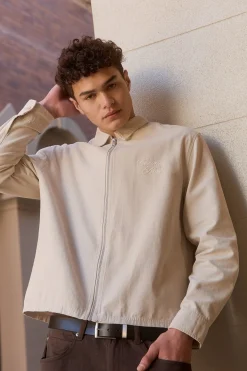 Dustin Boxy Zip Through Overshirt Washed Stone