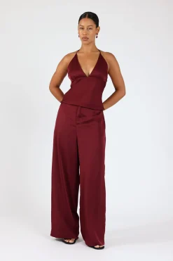 Ellie Satin Mid Rise Tailored Pants Burgundy