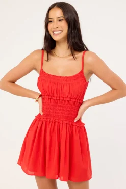 Ellis Shirred Mini Dress Red