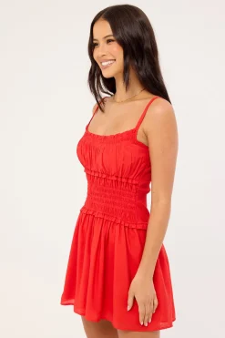Ellis Shirred Mini Dress Red