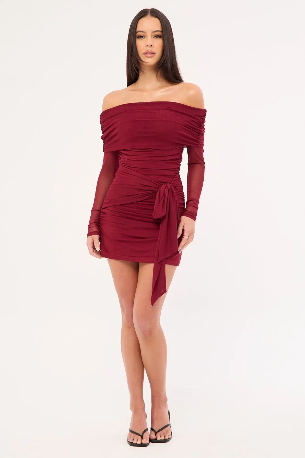 Elyse Off Shoulder Long Sleeve Mini Dress Burgundy