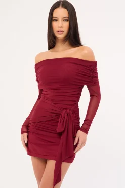 Elyse Off Shoulder Long Sleeve Mini Dress Burgundy
