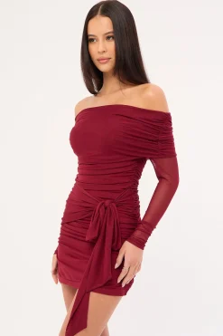 Elyse Off Shoulder Long Sleeve Mini Dress Burgundy