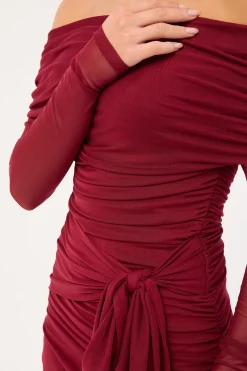 Elyse Off Shoulder Long Sleeve Mini Dress Burgundy