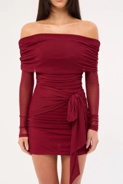 Elyse Off Shoulder Long Sleeve Mini Dress Burgundy