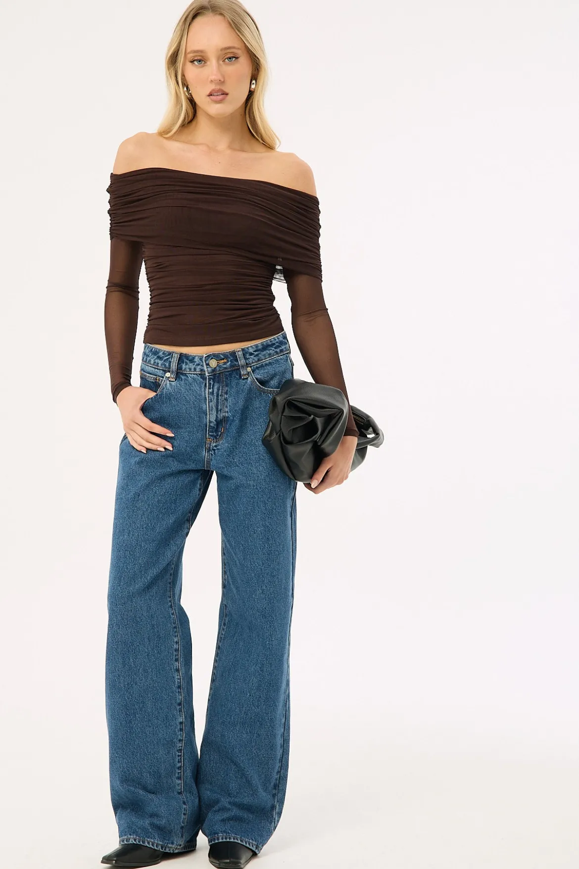 Elyse Off Shoulder Long Sleeve Top Brown