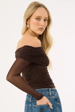 Elyse Off Shoulder Long Sleeve Top Brown