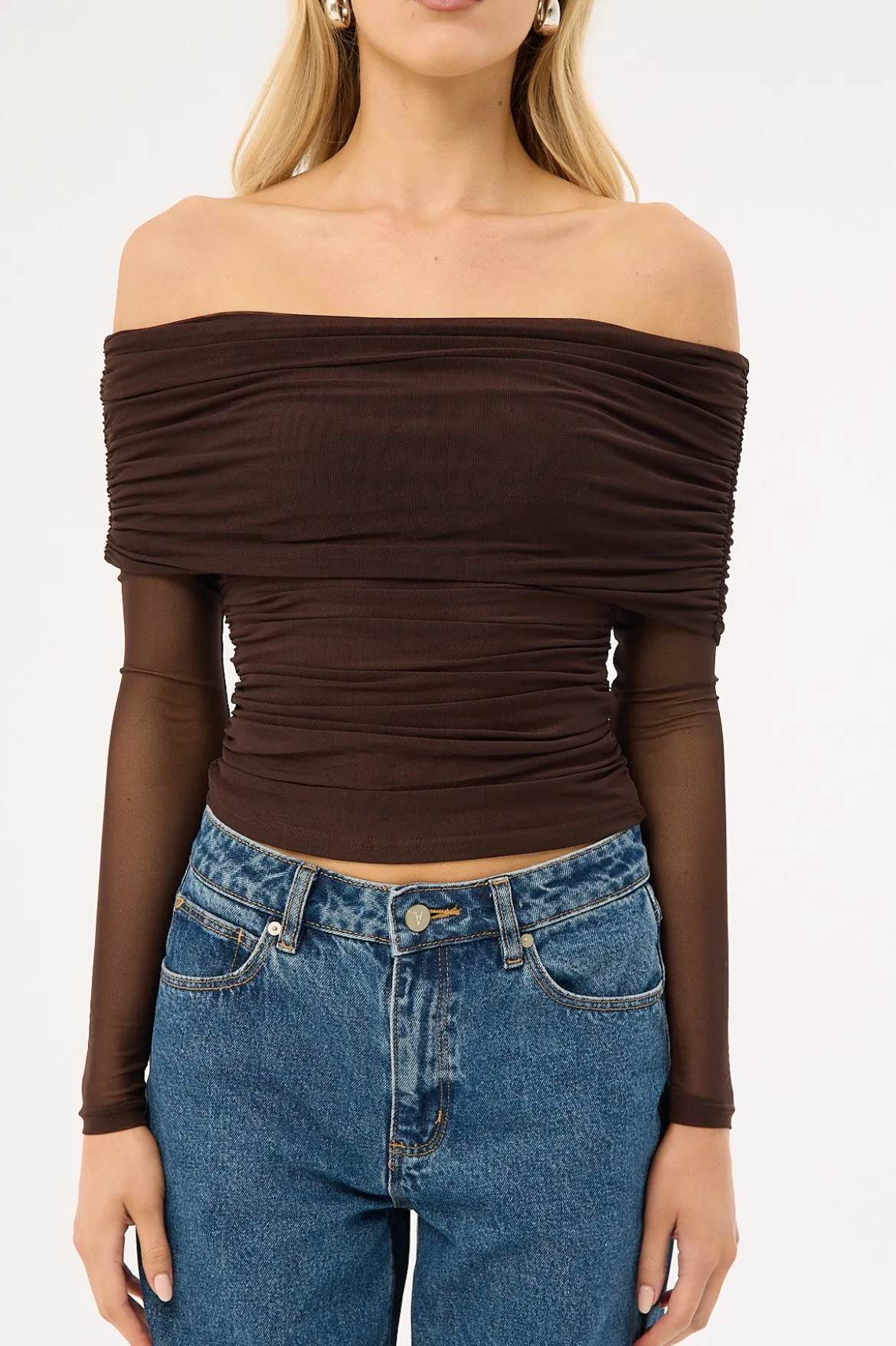 Elyse Off Shoulder Long Sleeve Top Brown