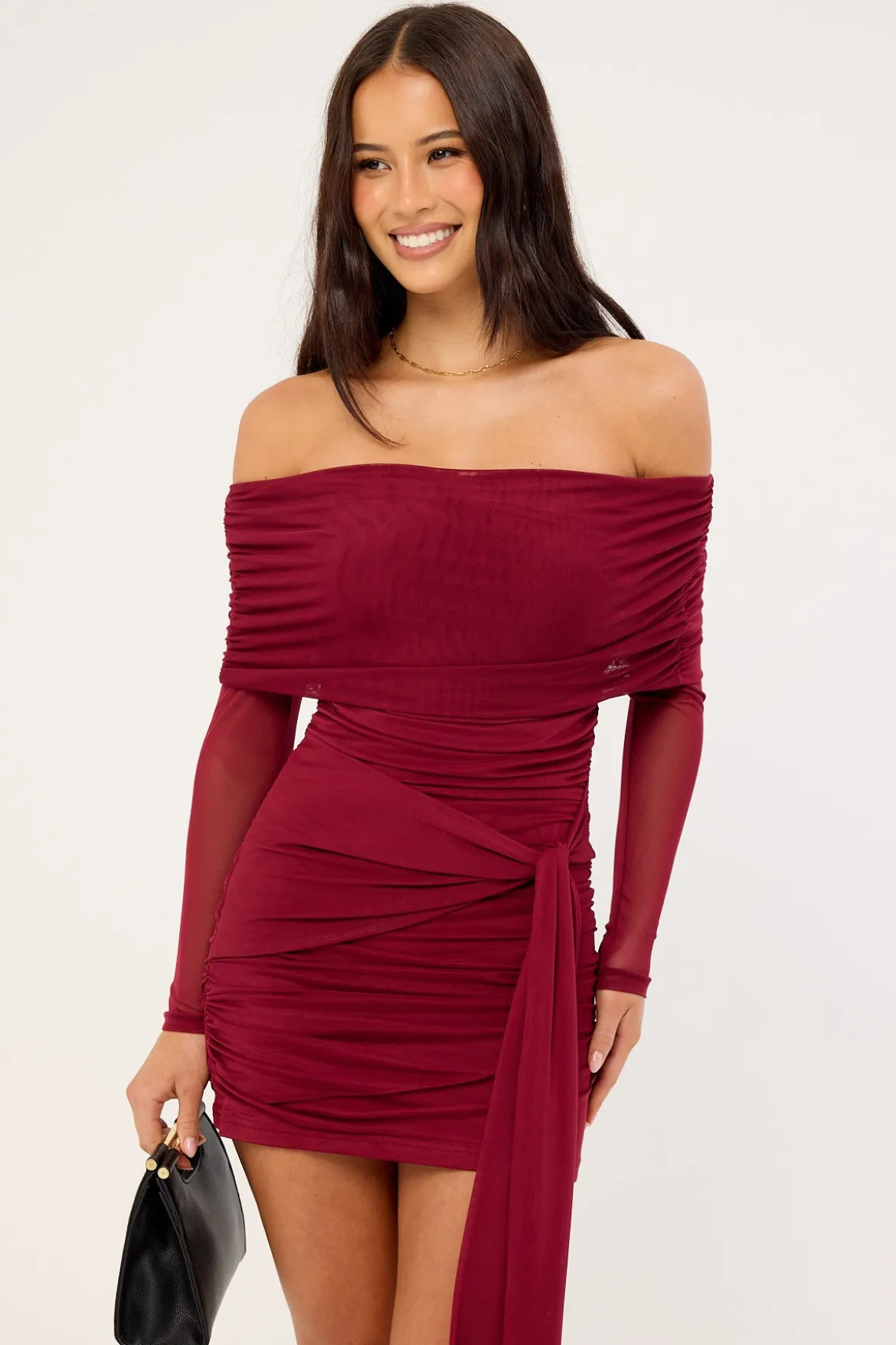 Elyse Off Shoulder Recycle Long Sleeve Mini Dress Burgundy