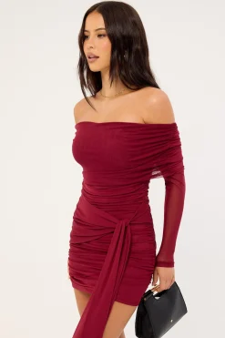 Elyse Off Shoulder Recycle Long Sleeve Mini Dress Burgundy