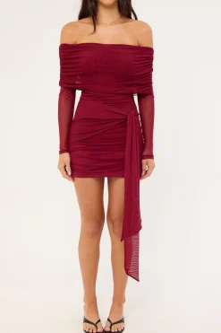 Elyse Off Shoulder Recycle Long Sleeve Mini Dress Burgundy