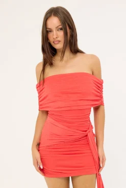 Elyse Recycled Off Shoulder Mini Dress Coral