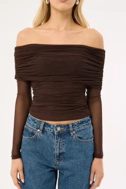 Elyse Recycled Off Shoulder Long Sleeve Top Brown