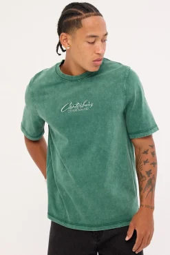 Embroidered Heritage Logo Heavyweight Oversized Tee Pine Needle Green