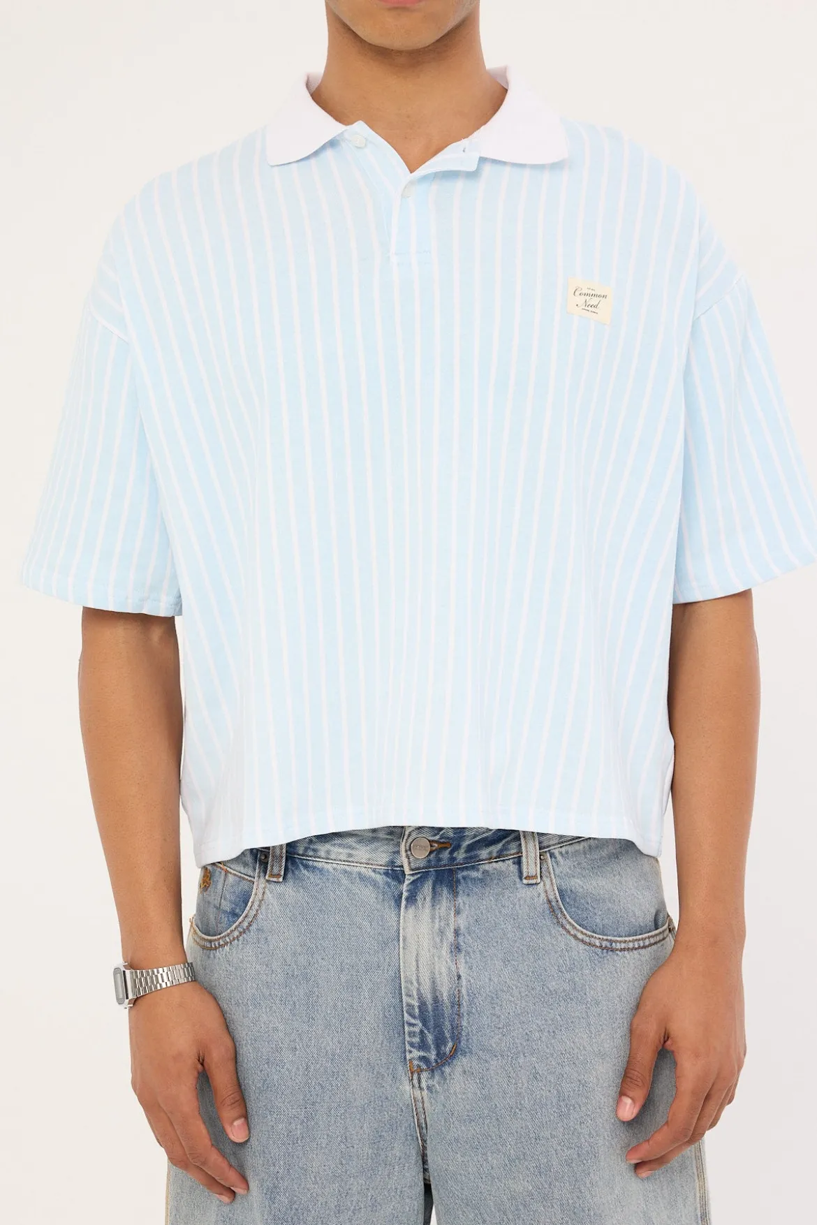 Eton Boxy Cropped Polo Blue Stripe