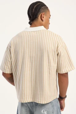 Eton Boxy Cropped Polo Tan Stripe