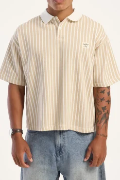 Eton Boxy Cropped Polo Tan Stripe