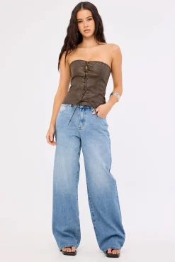 Exhile Whipstitch PU Corset Top Brown