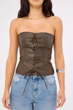 Exhile Whipstitch PU Corset Top Brown