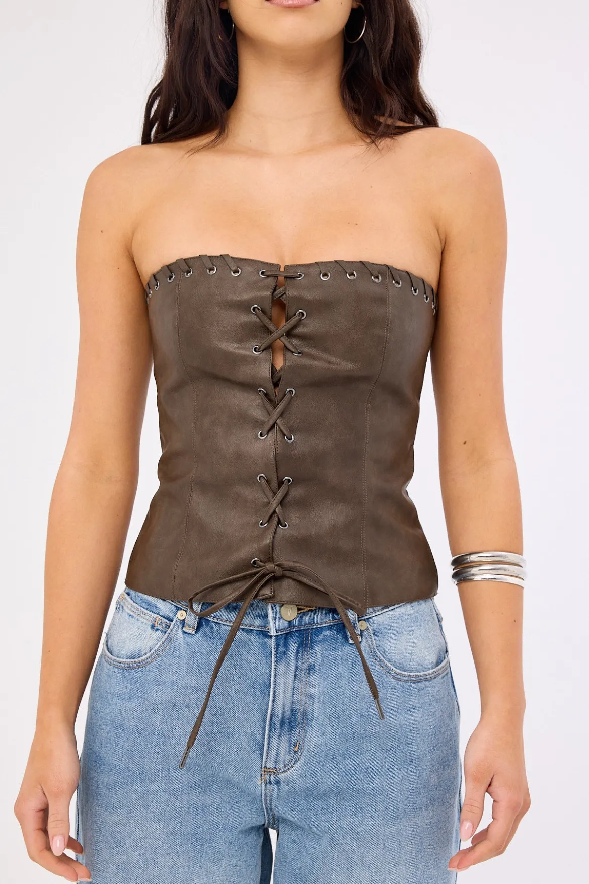 Exhile Whipstitch PU Corset Top Brown