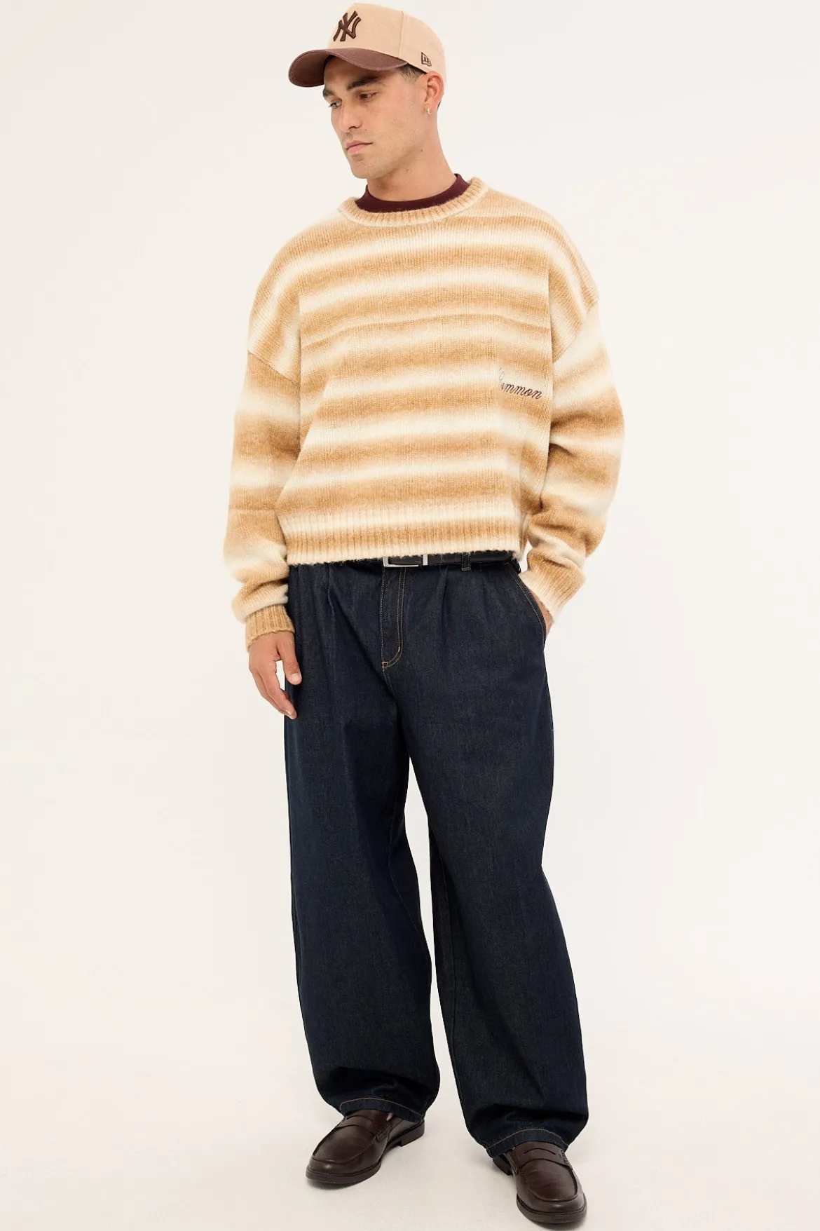 Faculty Cropped Knit Sweater Off White Stripe