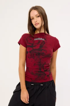 Fallen Roses Off Shoulder Fitted Tee Burgundy