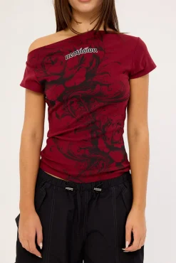Fallen Roses Off Shoulder Fitted Tee Burgundy