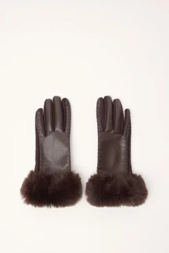 Faux Fur PU Gloves Brown
