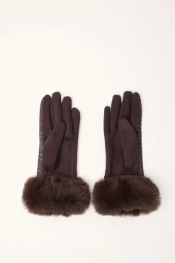 Faux Fur PU Gloves Brown