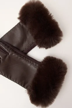 Faux Fur PU Gloves Brown