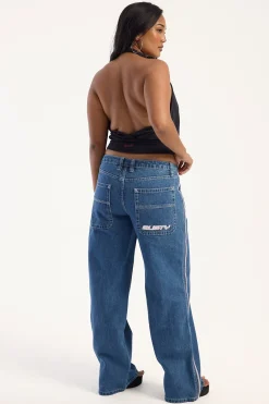 Flip Mommy Low Rise Wide Leg Jean Authentic Blue/ Pink Denim