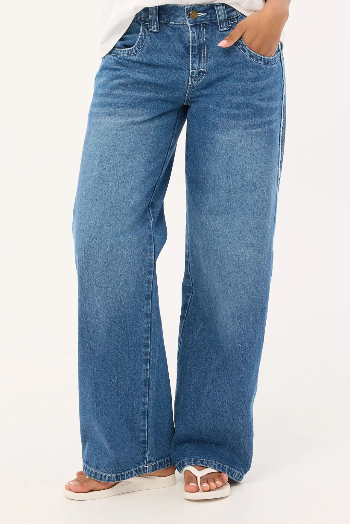 Flip Mommy Low Rise Wide Leg Jean Blasted Middy Blue Denim