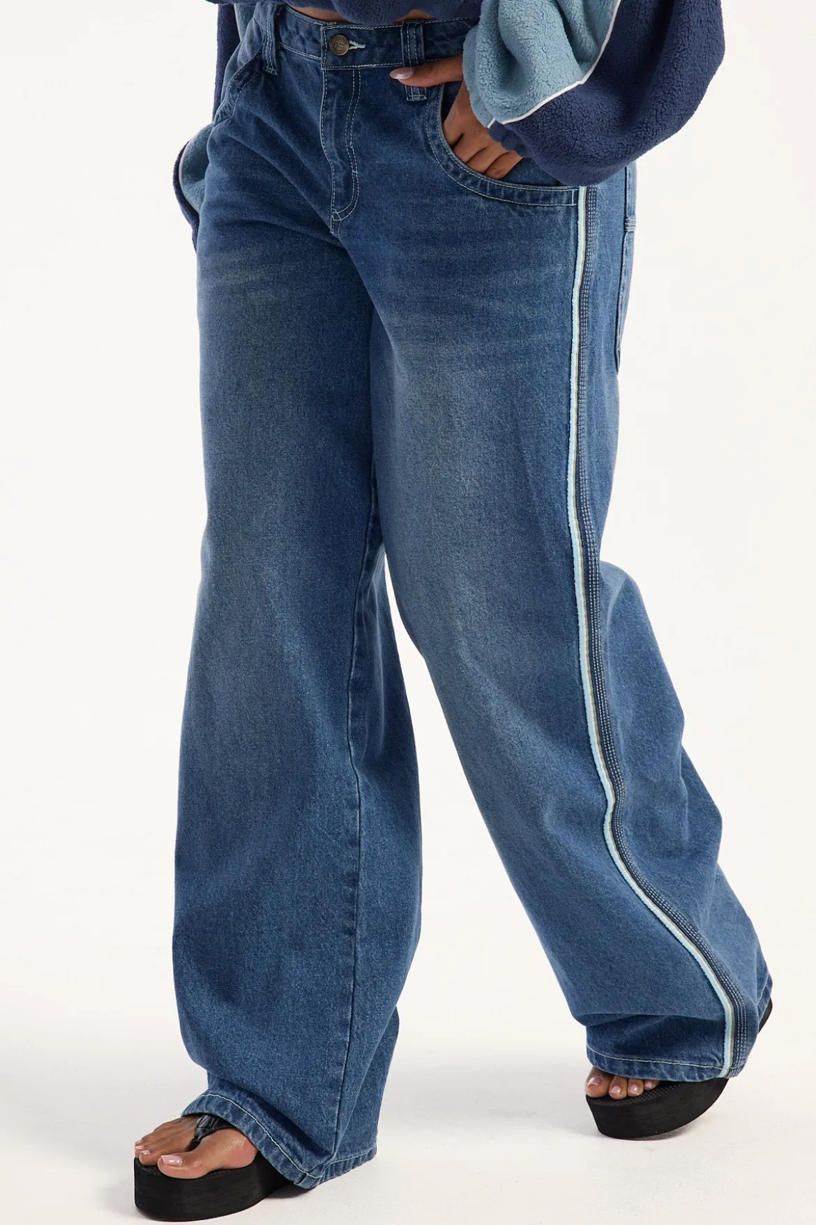 Flip Mommy Low Rise Wide Leg Jean Blasted Middy Blue Denim