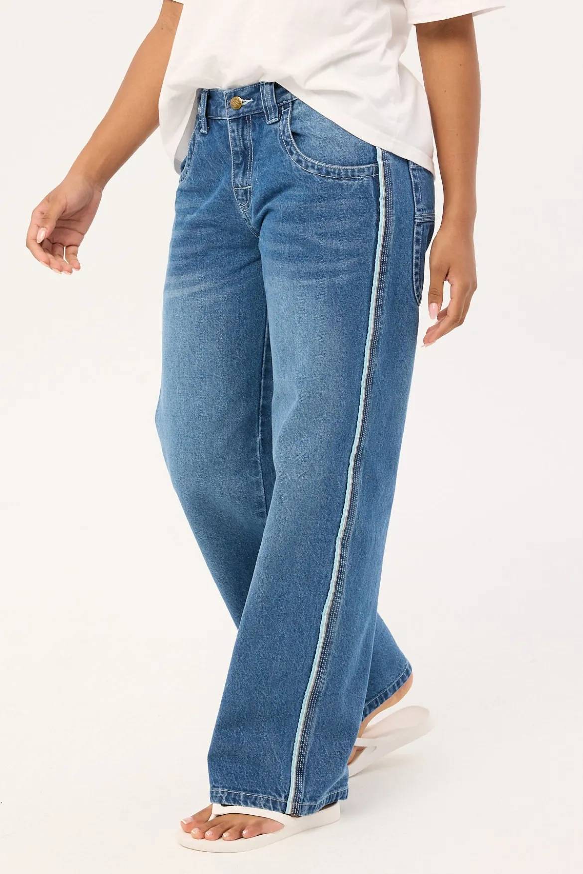 Flip Mommy Low Rise Wide Leg Jean Blasted Middy Blue Denim