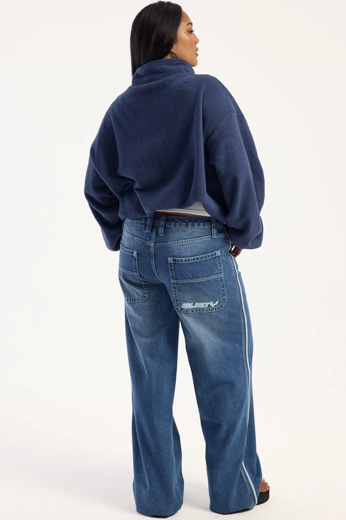 Flip Mommy Low Rise Wide Leg Jean Blasted Middy Blue Denim