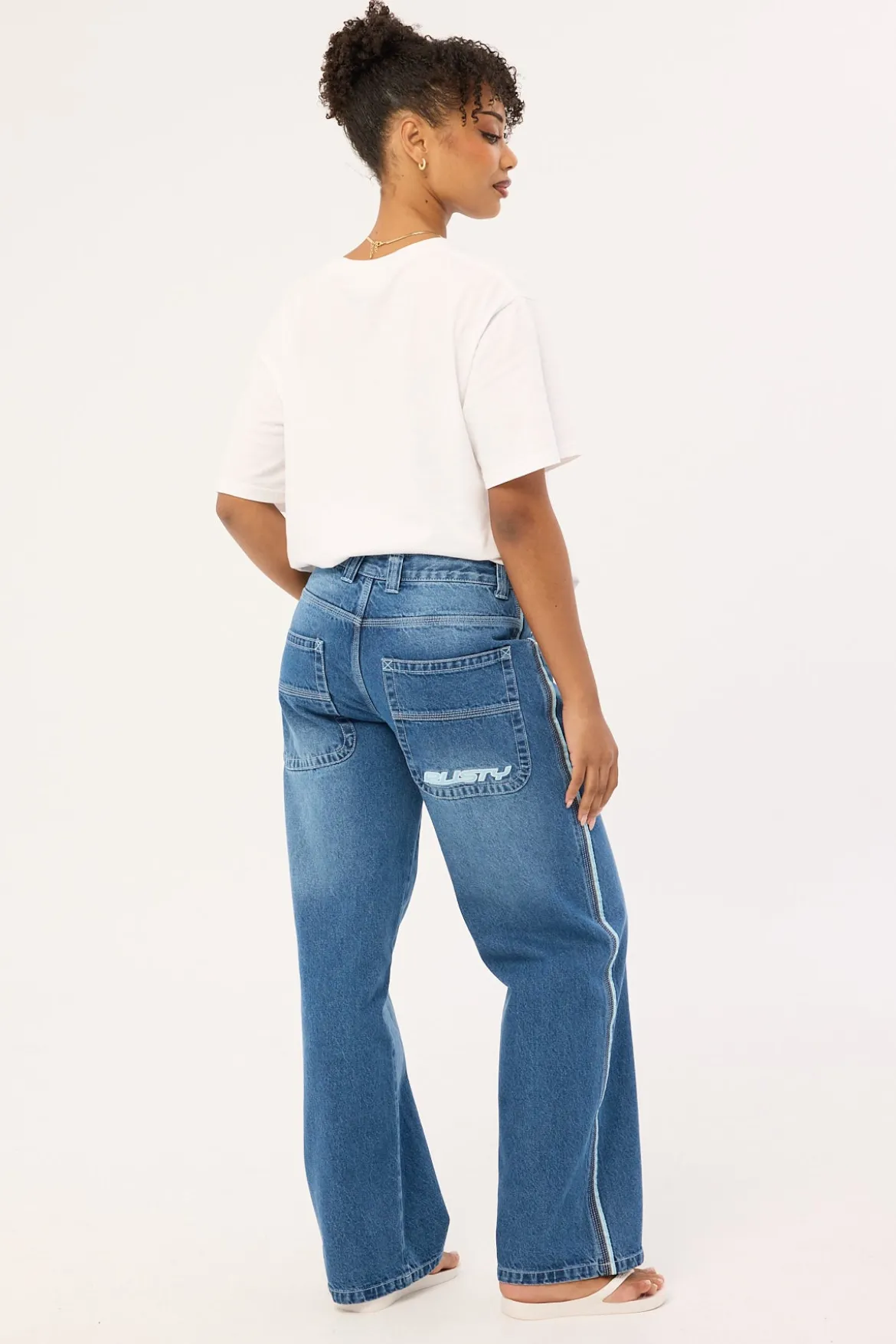Flip Mommy Low Rise Wide Leg Jean Blasted Middy Blue Denim