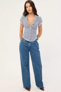 Frankie Cap Sleeve Blouse Navy Gingham