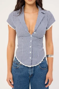 Frankie Cap Sleeve Blouse Navy Gingham