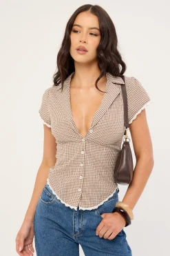 Frankie Cap Sleeve Blouse Brown Gingham