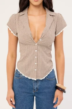Frankie Cap Sleeve Blouse Brown Gingham