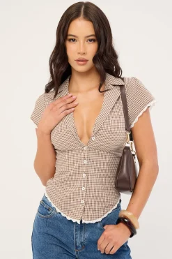 Frankie Cap Sleeve Blouse Brown Gingham