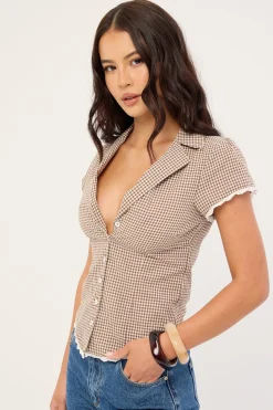 Frankie Cap Sleeve Blouse Brown Gingham