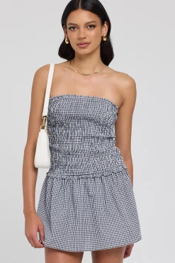 Frankie Shirred Mini Dress Navy Gingham